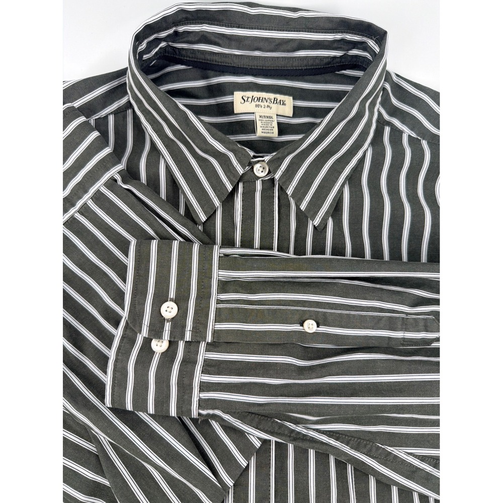 St Johns Bay Mens XL Tall Olive Green White Striped Cotton Button Down Shirt